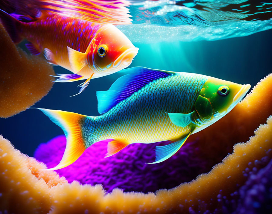 Colorful Tropical Fish Swimming Above Coral in Blue Water