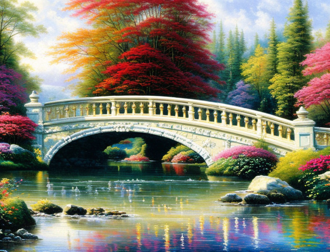 Tranquil painting of stone bridge over serene river