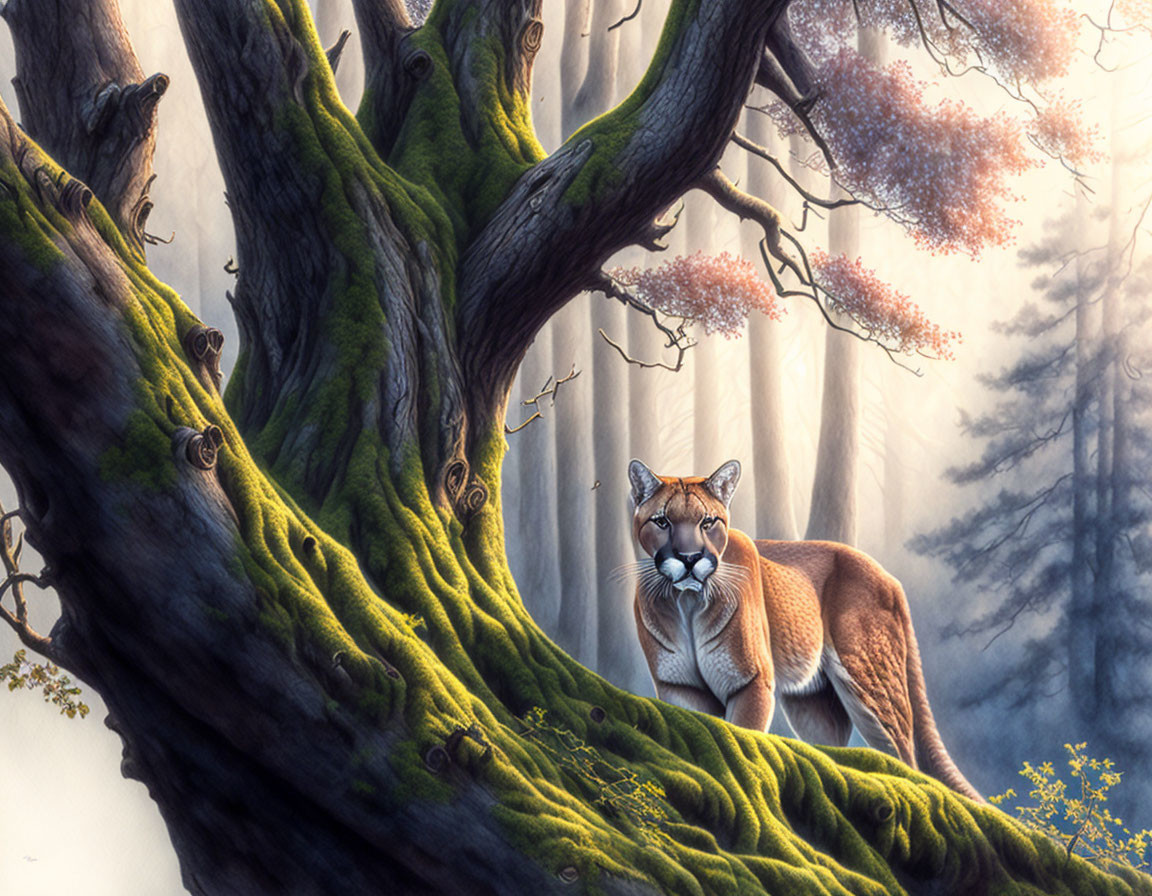 Majestic mountain lion on moss-covered tree branch in serene forest