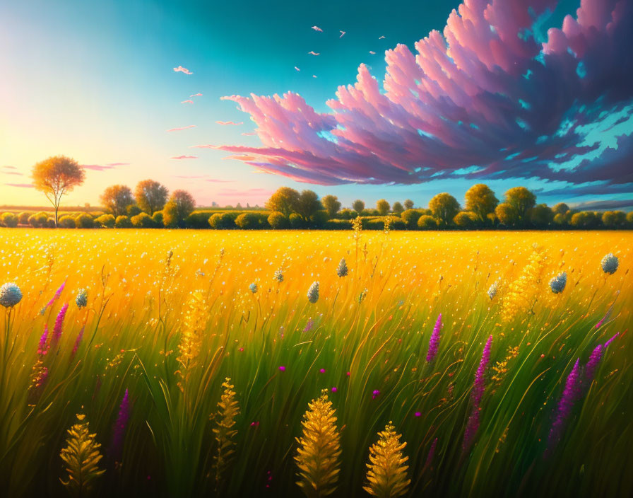 Vibrant painting of lush field with golden wildflowers under dramatic sunset sky