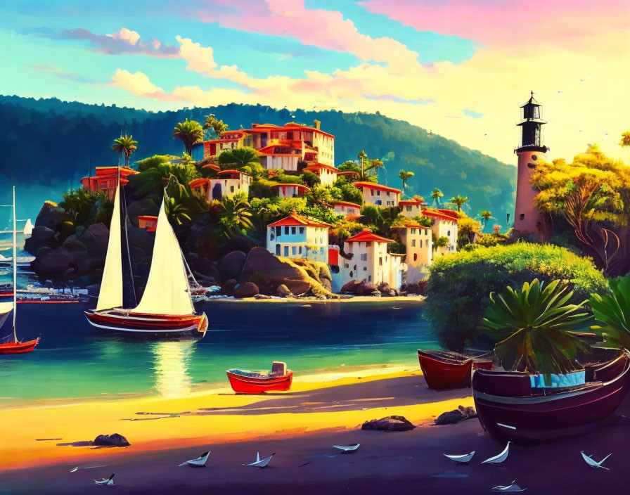 Colorful Coastal Scene with Lighthouse, Boats, Palm Trees, and Buildings