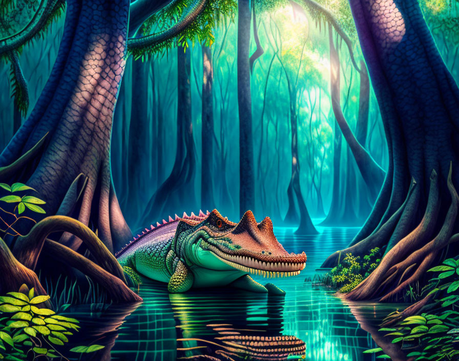 Colorful Crocodile in Enchanted Forest with Reflective Water