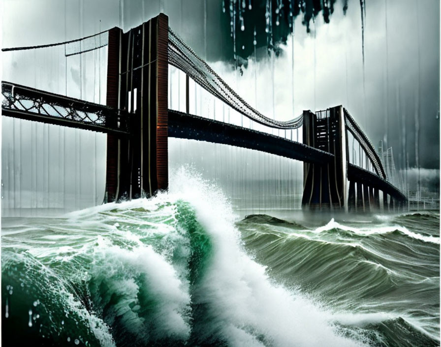 Large bridge over choppy water with crashing waves under stormy sky