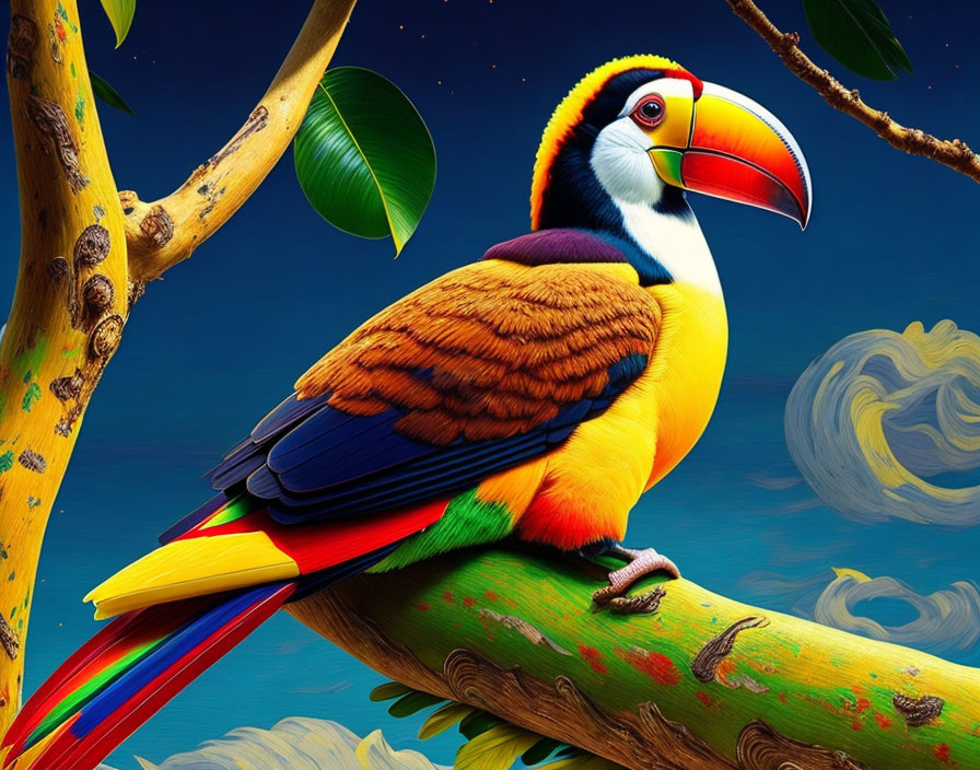 Colorful Toucan Perched on Branch Against Blue Sky