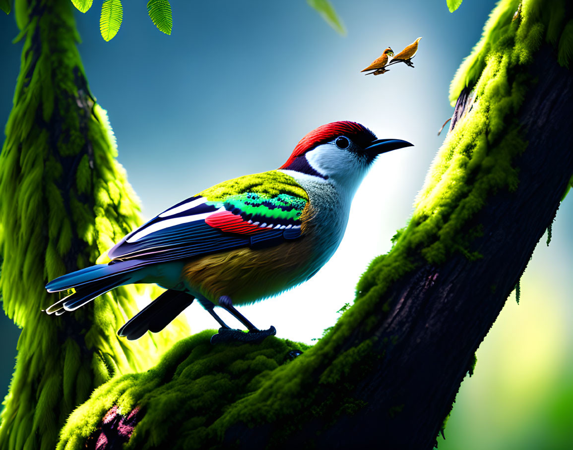Vibrant bird on mossy branch in lush forest with flying insect, sunlight.