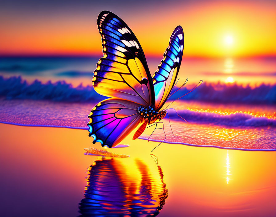 Colorful Butterfly on Water Surface with Sunset and Ocean Waves