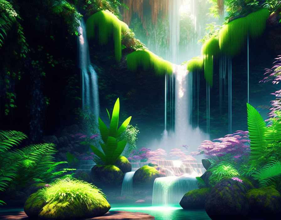 Serene forest scene with cascading waterfalls and lush greenery