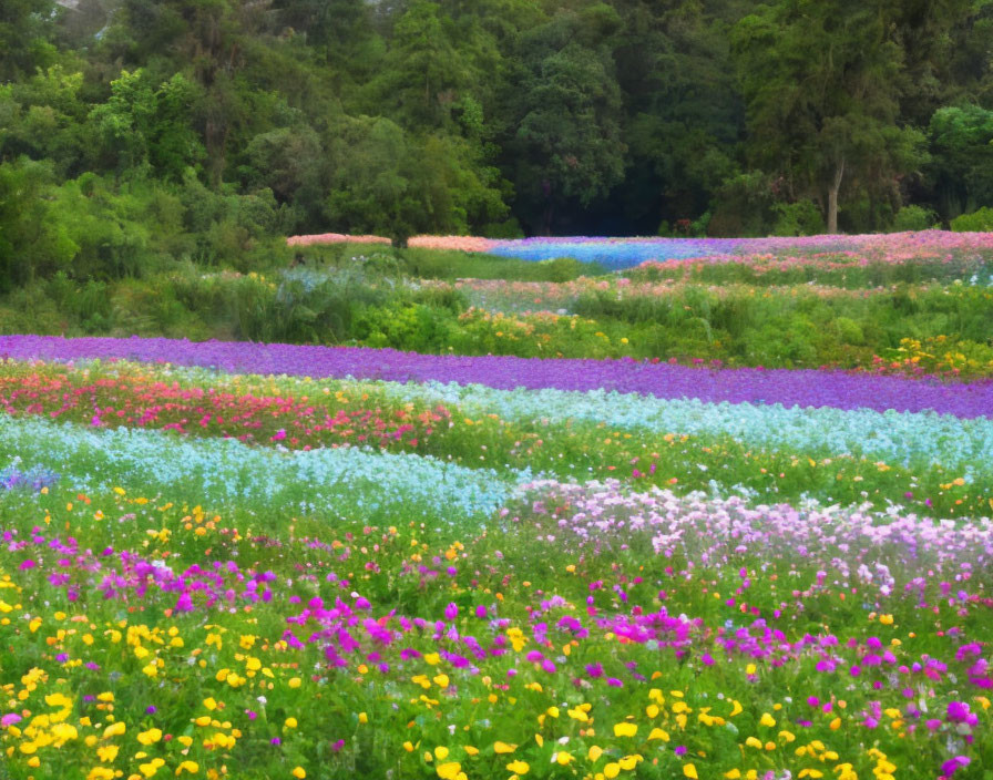 Colorful Blooming Flowers Field with Green Forest Background
