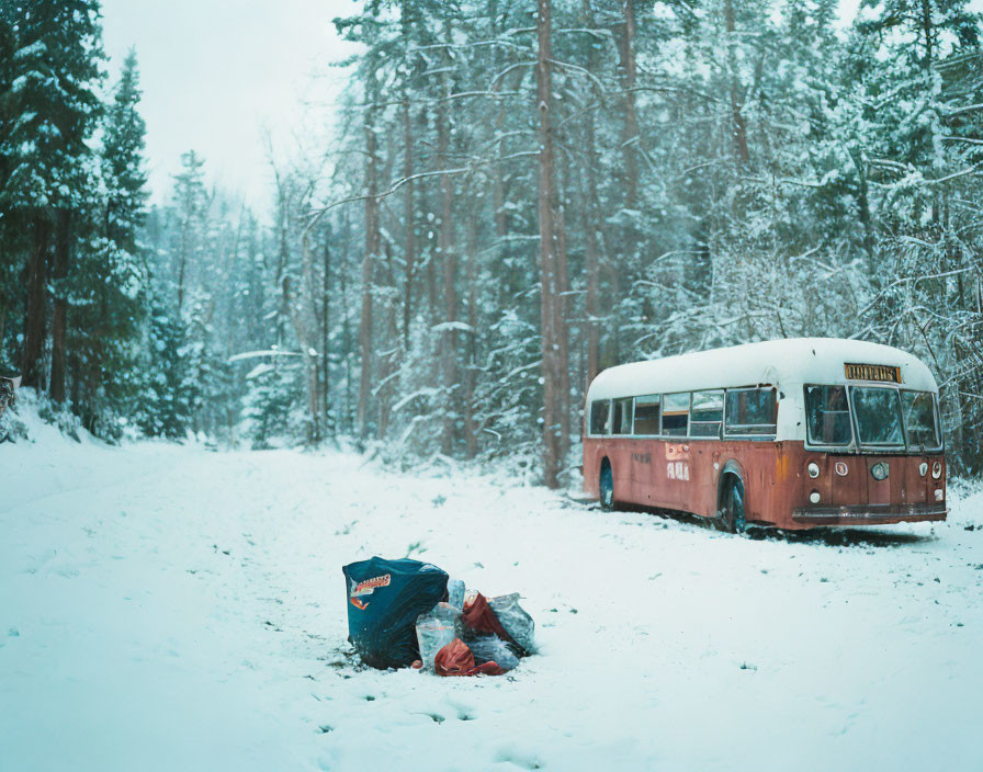 Rusty abandoned bus in snowy pine forest with discarded backpack