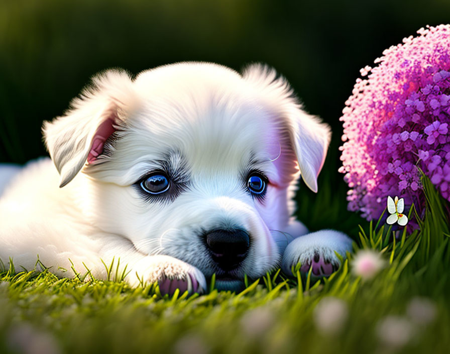 White Puppy with Blue Eyes Resting Near Pink Flowers on Grass