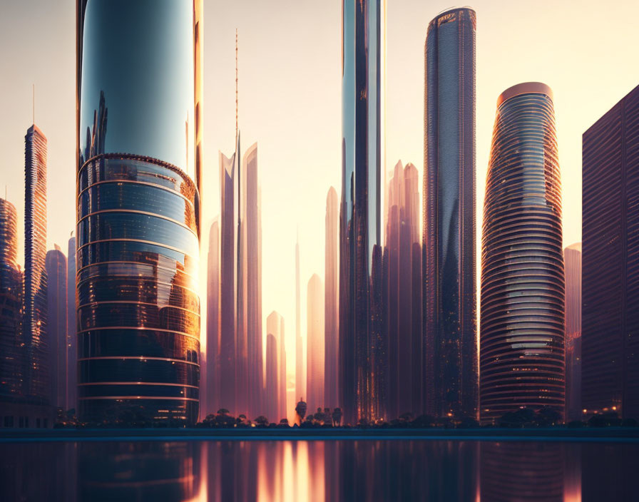 Futuristic cityscape sunset with skyscrapers and glassy reflections