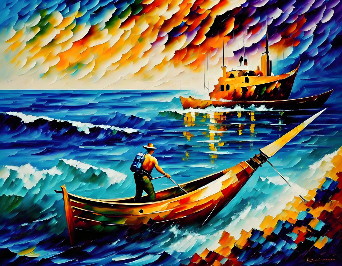 Colorful Painting of Fisherman in Boat on Choppy Sea