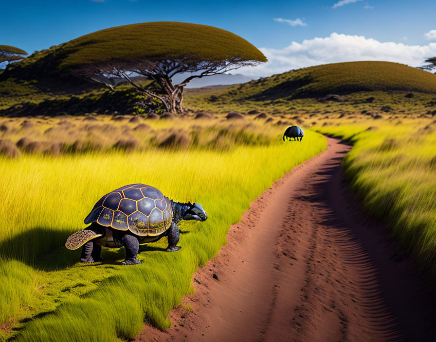 Tortoise walking on dirt path in grassy landscape with dome-shaped trees