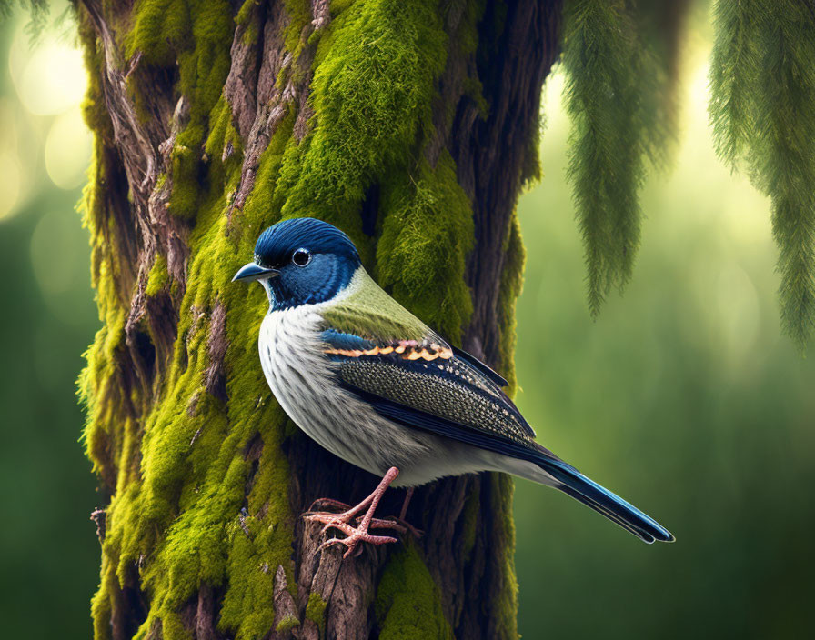 Colorful Bird with Blue, White, and Brown Plumage on Moss-Covered Tree Trunk