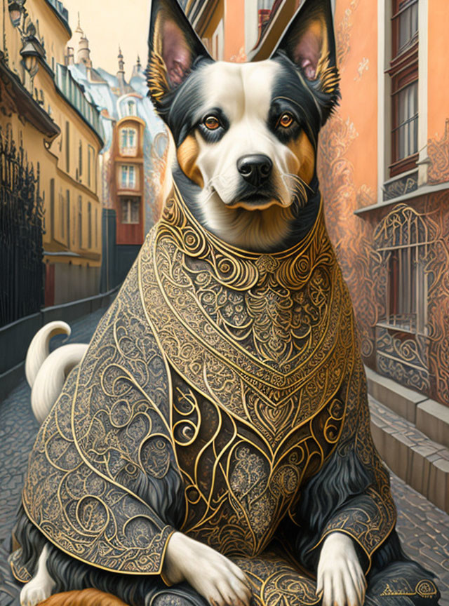 Stylized painting of a dog with human-like eyes in ornate gold-patterned cloak