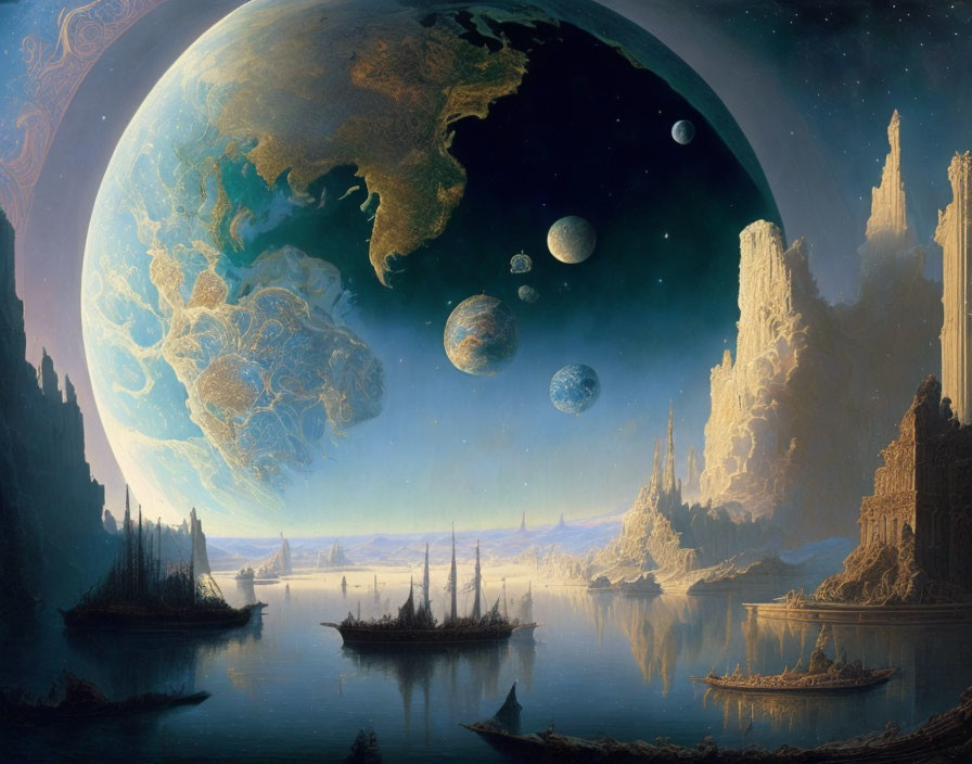 Fantasy landscape featuring sailing ships, crystalline cliffs, and celestial bodies