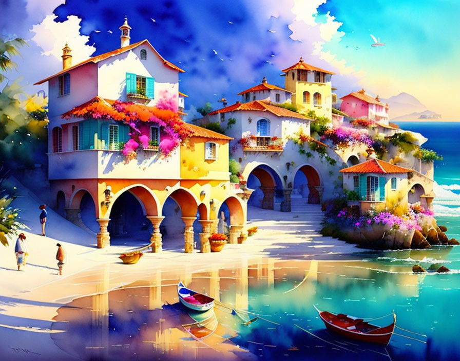Colorful waterfront scene with buildings, flowers, boats, and birds on calm water.