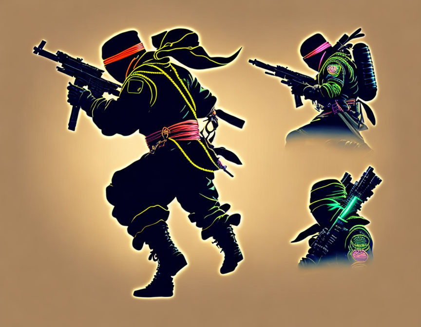 Three ninja silhouettes with modern firearms in vibrant neon outlines on tan background