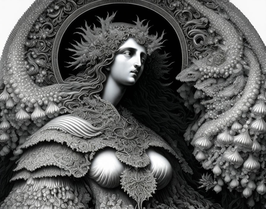 Detailed monochrome artwork of woman with halo and dragon-like creature.