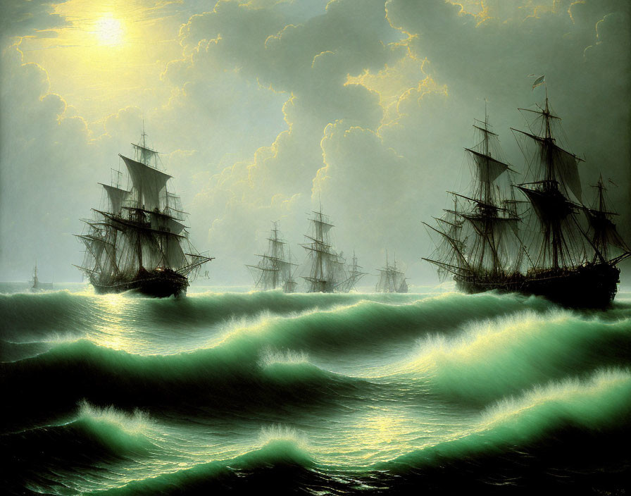Sailing ships on rough sea under stormy skies with hazy golden sun.