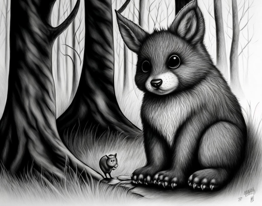 Monochrome illustration of oversized and tiny fluffy squirrels in forest