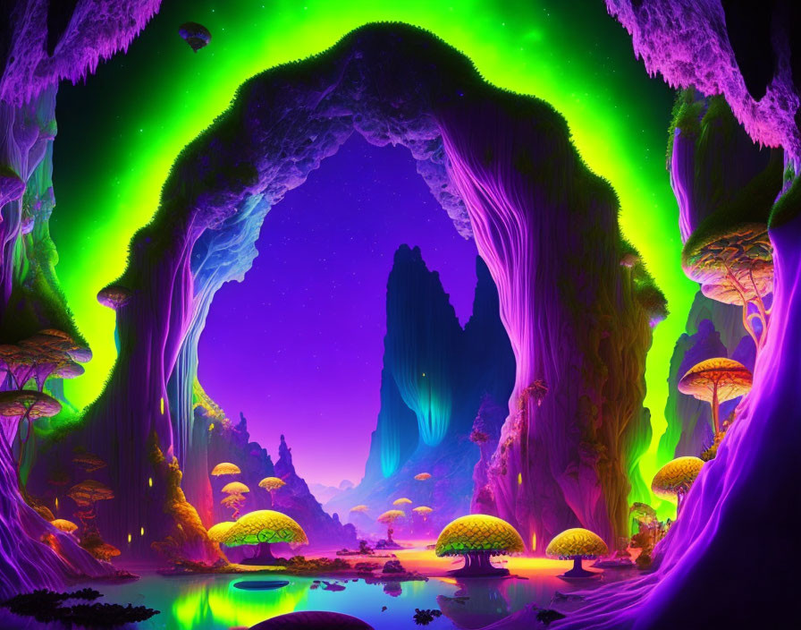 Fantastical cave with glowing mushrooms and serene lake under starry night sky