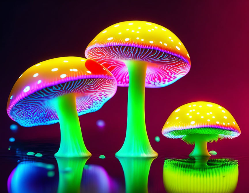 Vibrant neon-colored mushrooms on reflective surface