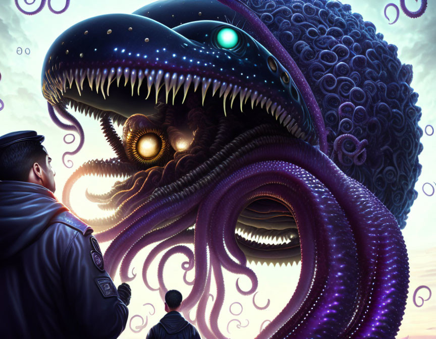 Man and boy confront giant tentacled creature in purple setting