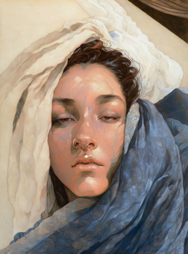 Portrait of Woman with White Cloth and Blue Scarf, Detailed Textures and Calm Expression