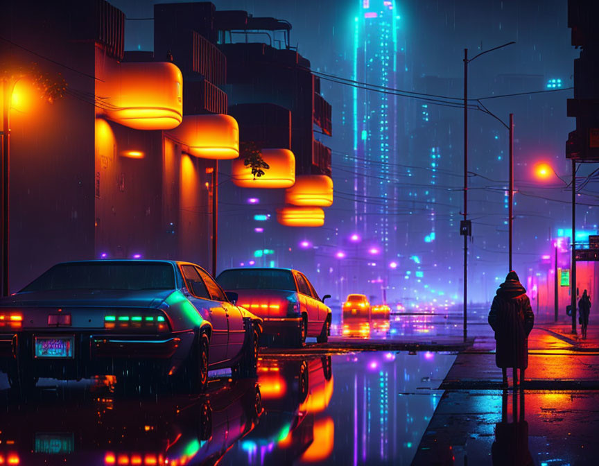 Pedestrian on wet city street at night with neon lights and futuristic cars.