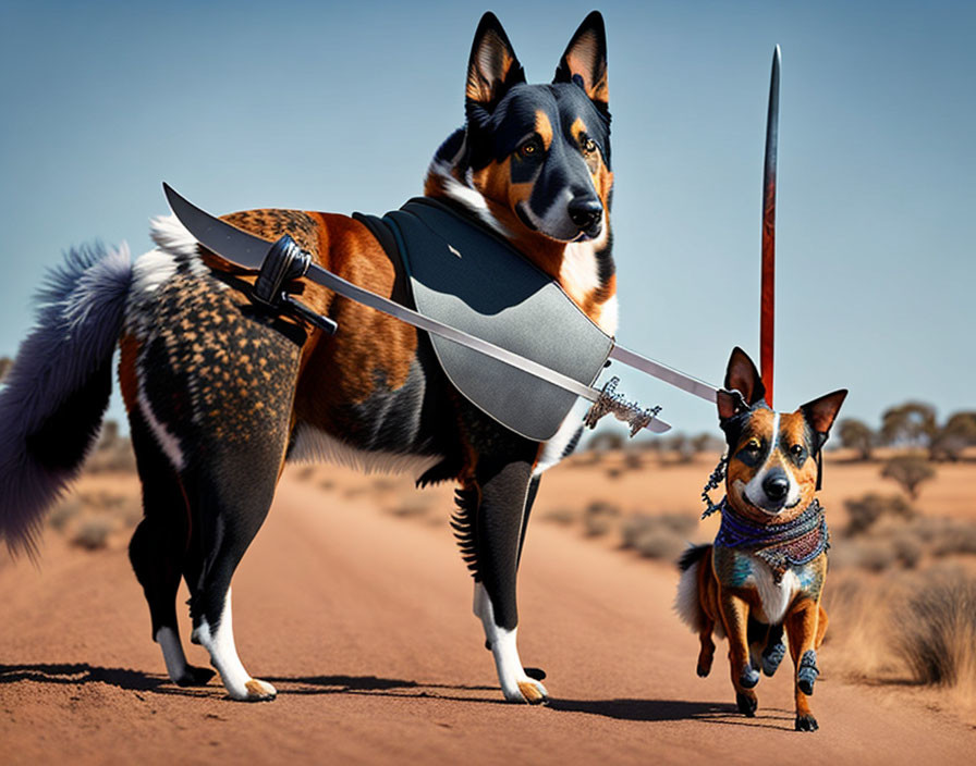 Digital artwork of two dogs in armor and bandana in desert