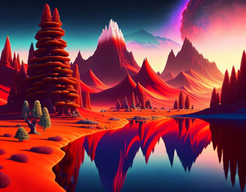 Fantastical landscape with crimson mountains and surreal sky