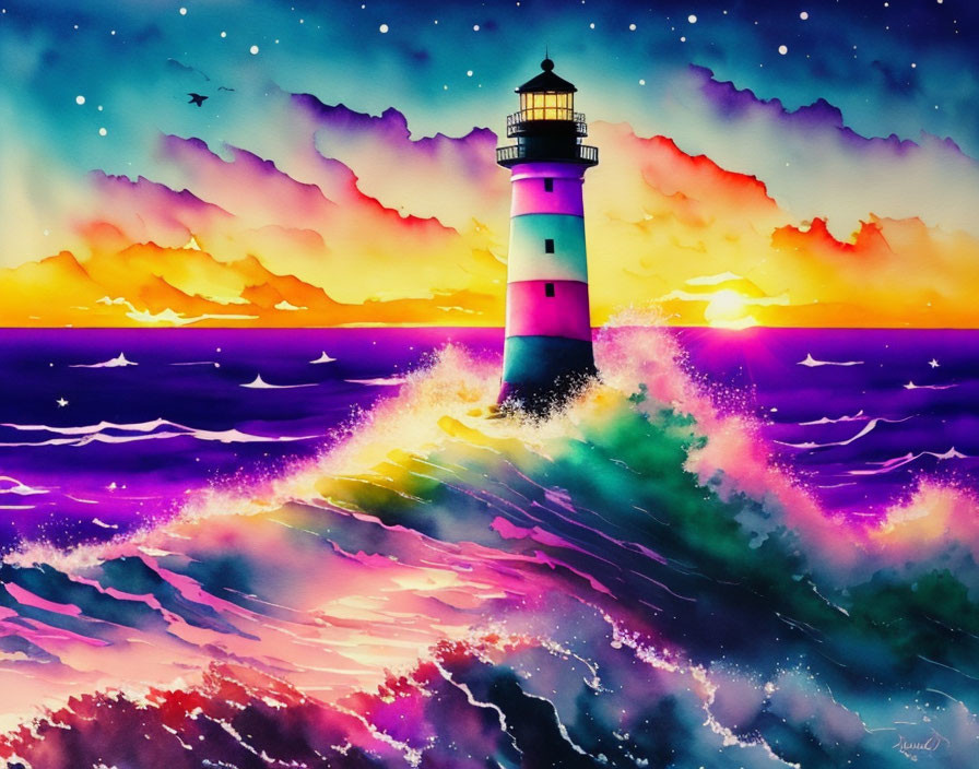 Colorful Watercolor Painting of Lighthouse at Sunset