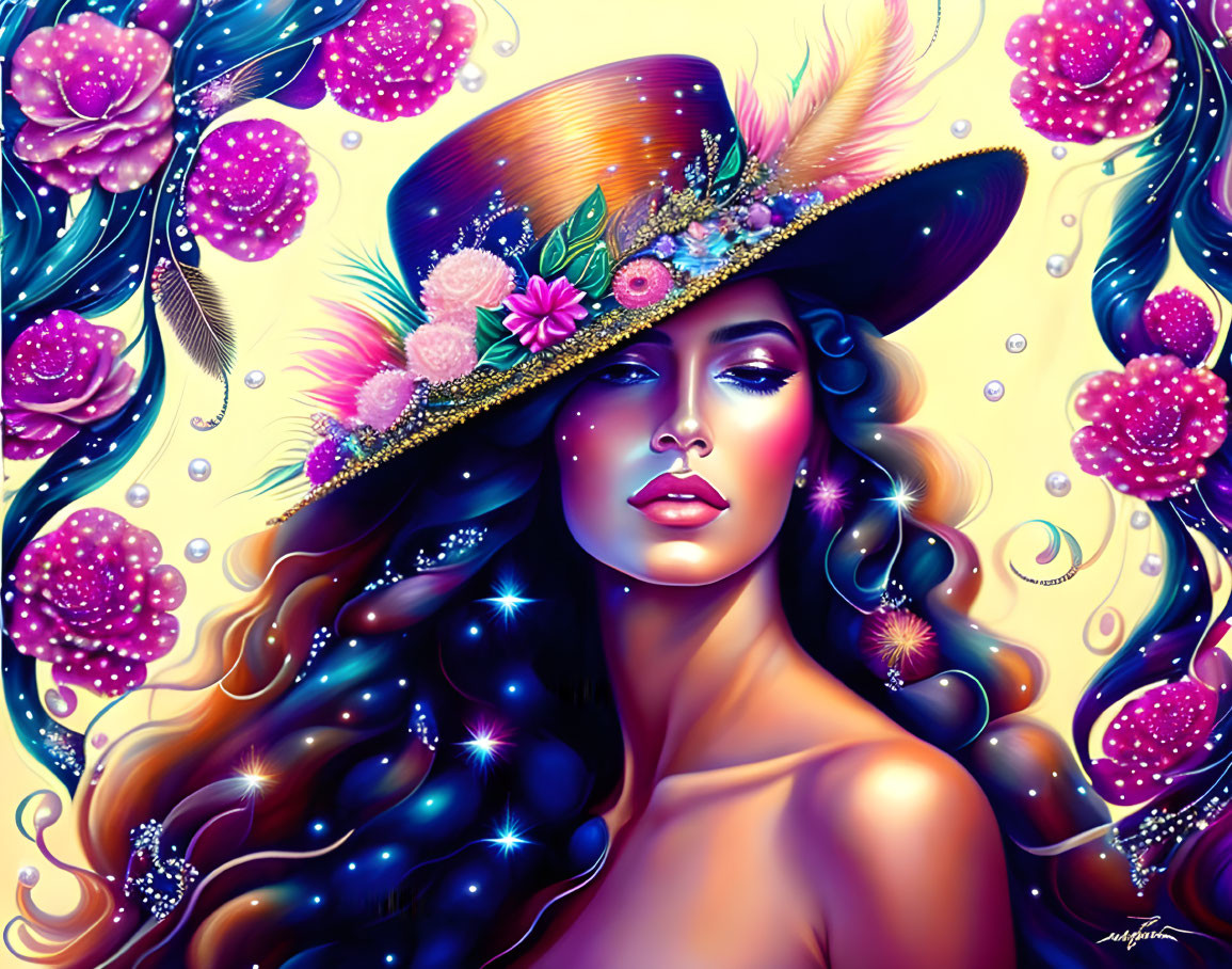 Vibrant illustration of woman with floral hat and flowing hair in pink flower and star setting