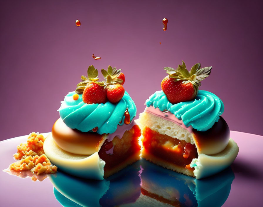 Cream-filled cupcakes with blue icing and strawberries on reflective surface against purple background