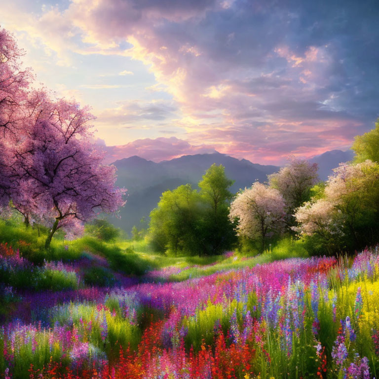 Scenic landscape with cherry trees, wildflowers, rolling hills, and pastel sunset sky