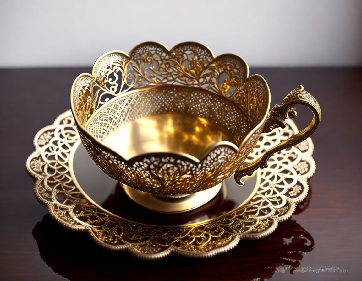 Golden cup and saucer with intricate cut-out patterns on reflective wooden surface