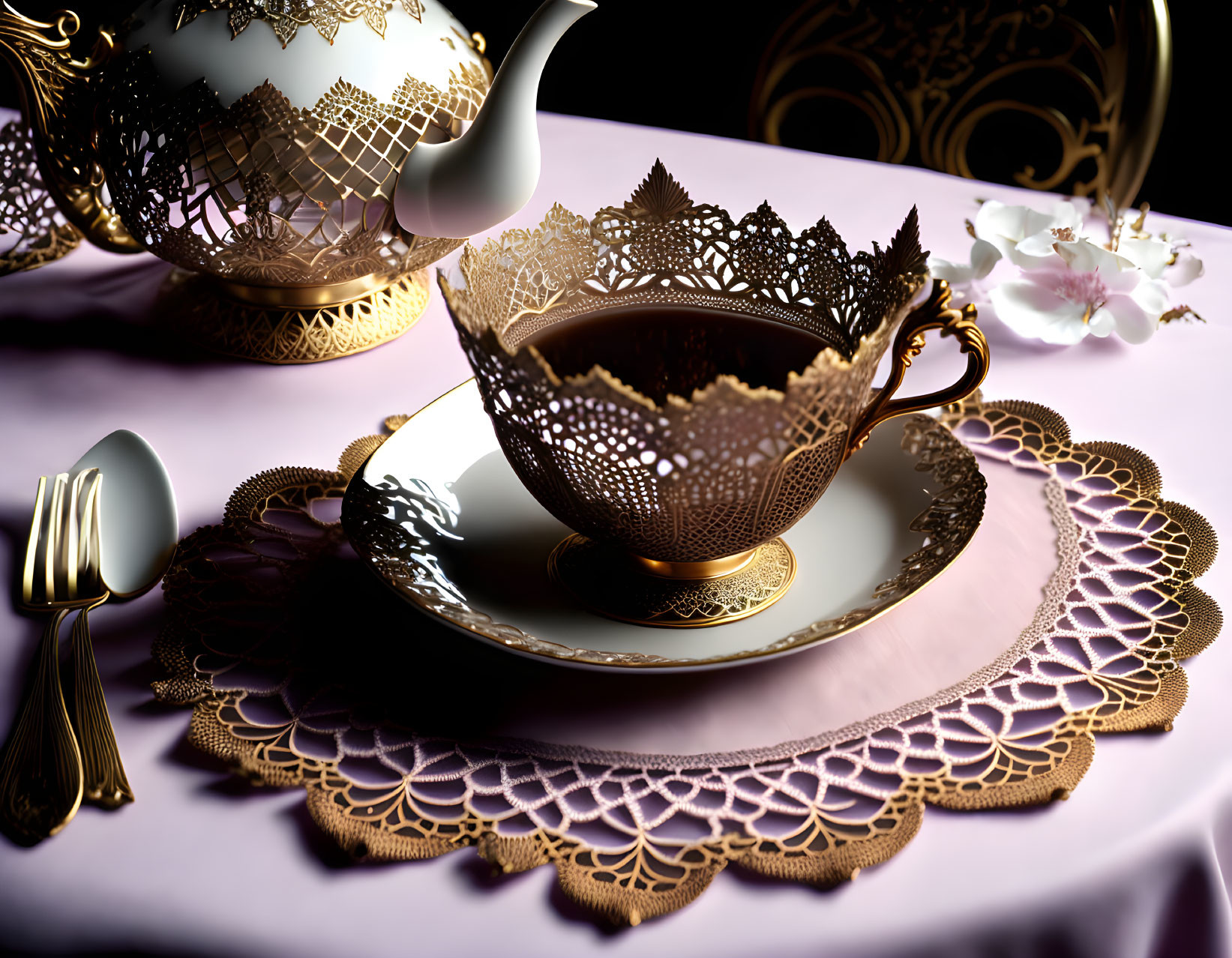 Filigree Design Tea Set with Gold Accents and Floral Teapot