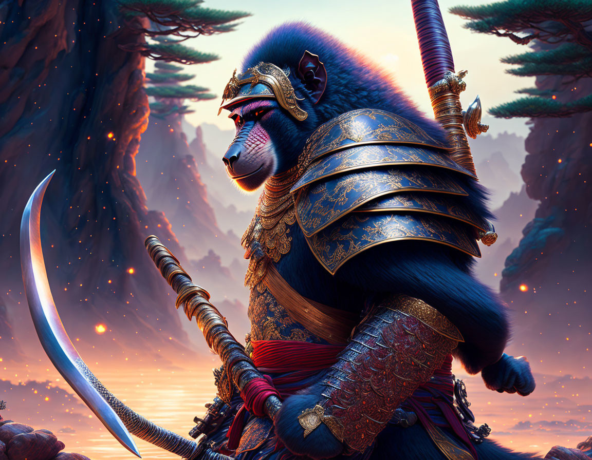 Armored monkey warrior with sword in fantasy landscape