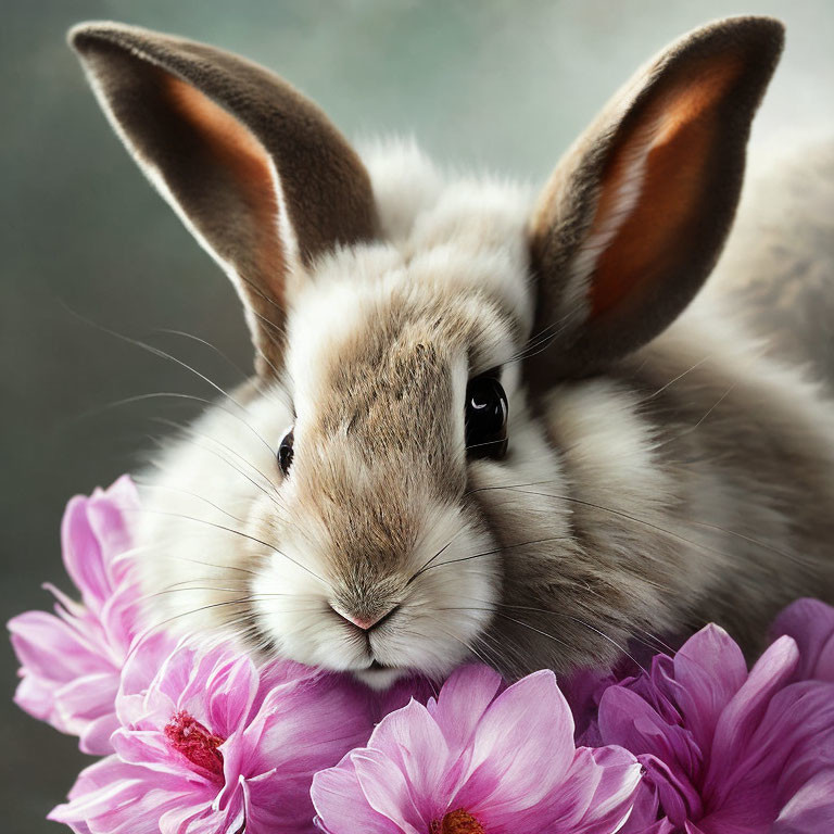 Fluffy rabbit with large ears in vibrant pink flowers