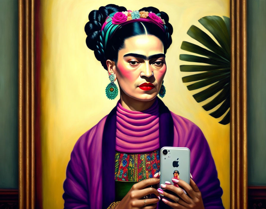 Portrait of woman in traditional attire with high-neck blouse and purple shawl, holding smartphone against yellow background