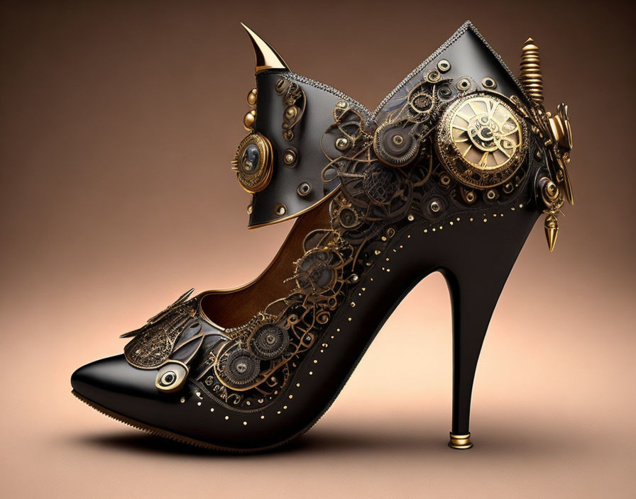 Steampunk-themed high-heeled shoe with gears and metallic details on warm background