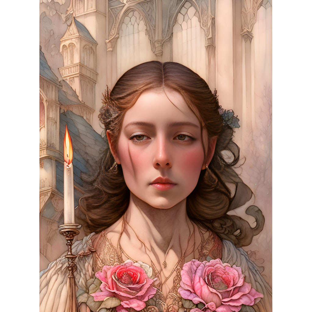 Illustrated woman with serene expression holding lit candle in gothic cathedral.