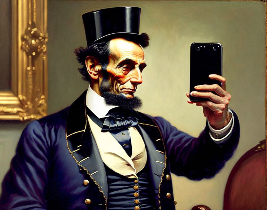 Historical figure in top hat and suit takes selfie with smartphone