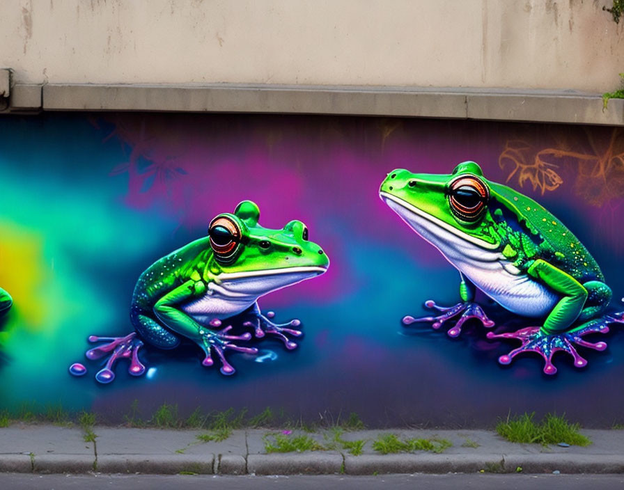Colorful wall graffiti featuring green frogs with purple accents