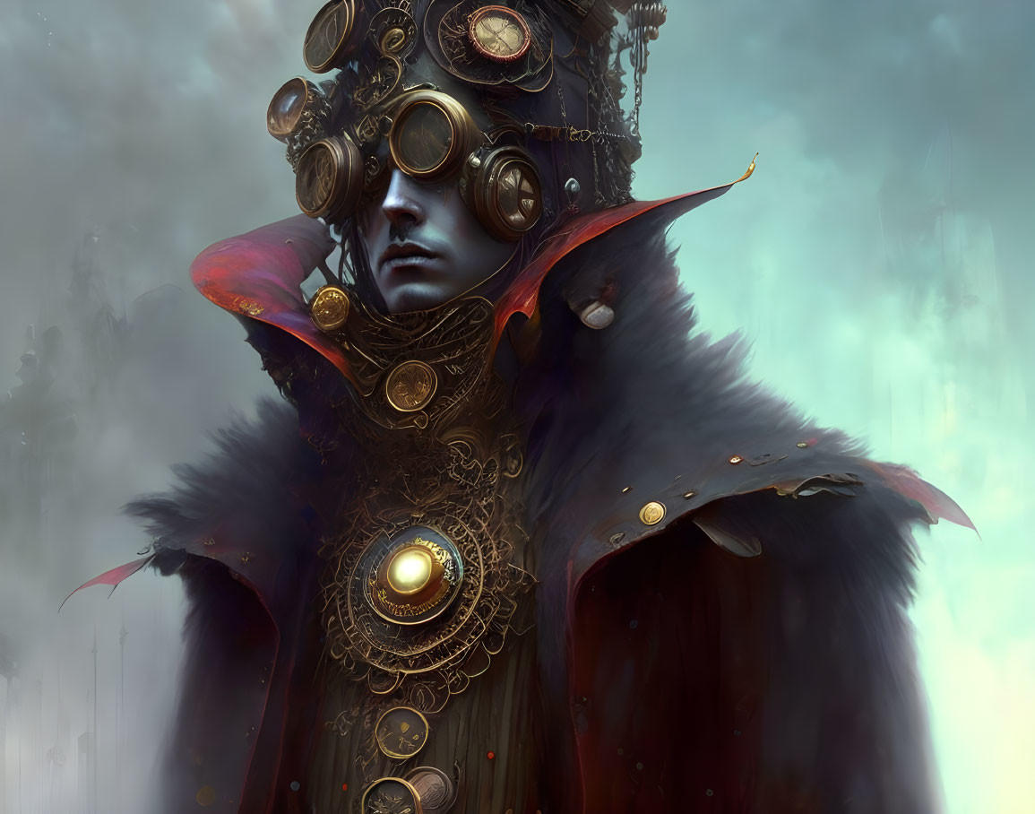 Fantastical figure with brass goggles and golden adornments in regal cloak.