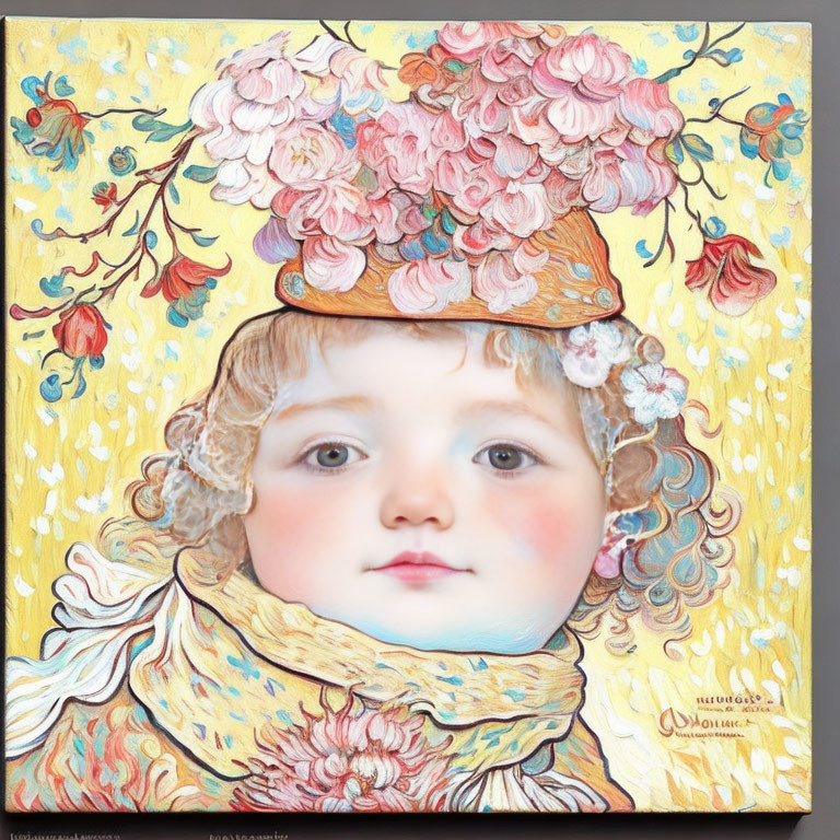 Child with large eyes in floral hat and scarf on yellow floral background