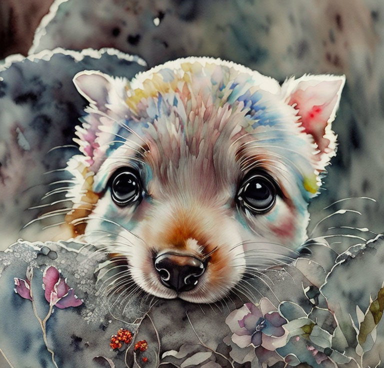 Vibrant watercolor illustration of cute seal-like animal in foliage