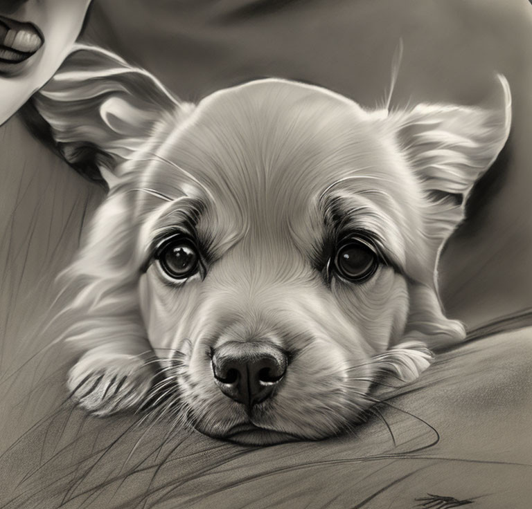 Monochromatic digital artwork of a puppy with soulful eyes resting on soft surface