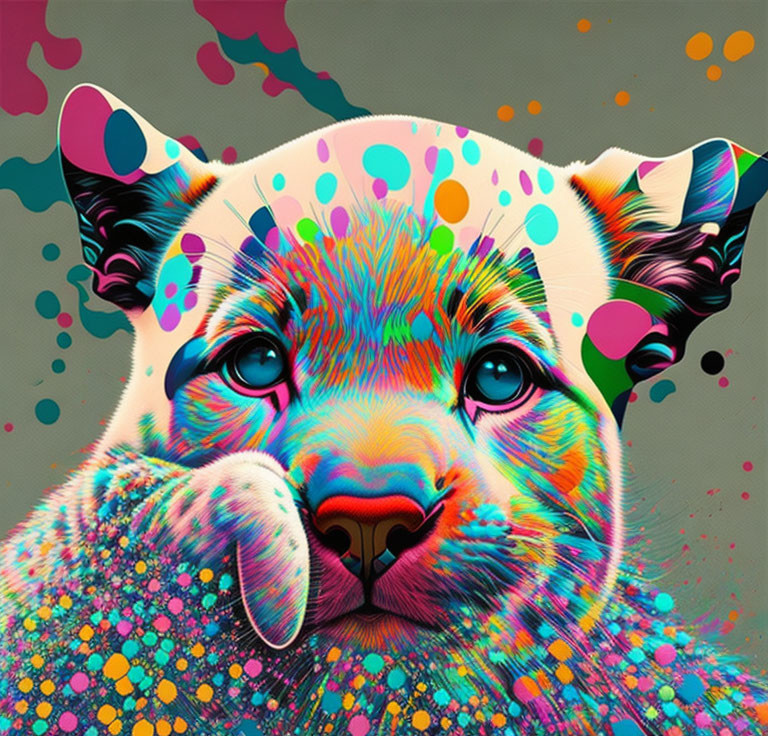 Colorful Digital Artwork: Cat's Face with Abstract Patterns and Paint Splashes